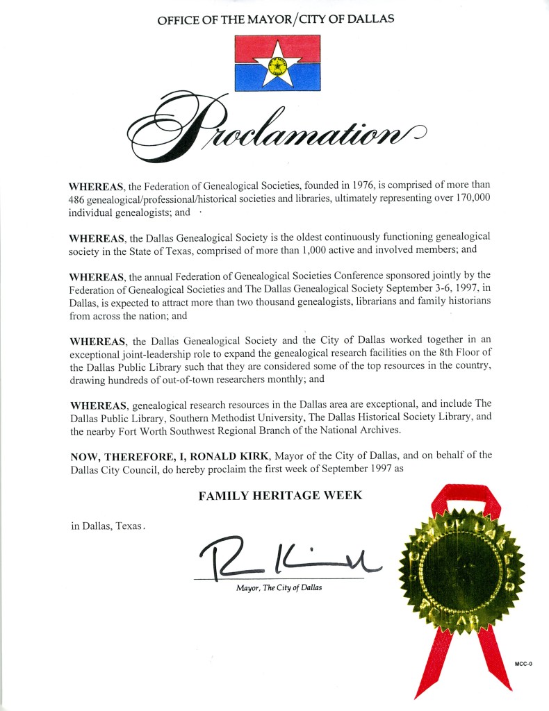 Proclamation: First Week of September 1997 as Family Heritage Week to celebrate FGS, DGS and the City of Dallas partnering on the FGS Conference.