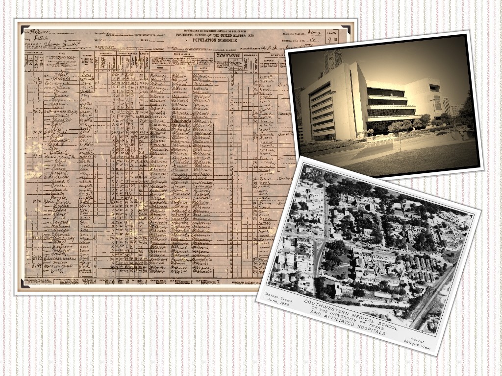 A collage of photos including an old hand-written census image, a photo of the Central Dallas Public Library and a vintage aerial image of Dallas.  